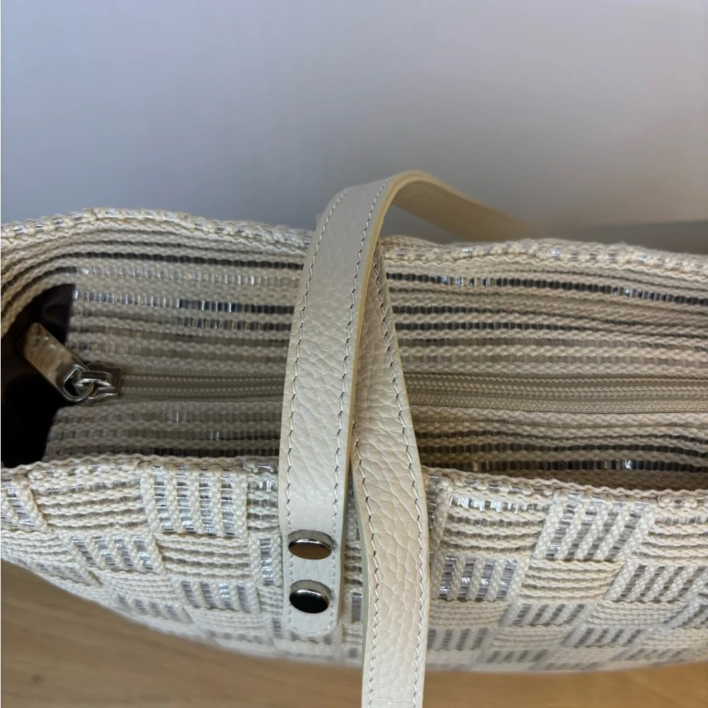 Alma‎ Tonutti Elegant Cream Woven Checkerboard w/Shimmery Detail Tote Bag NWOT